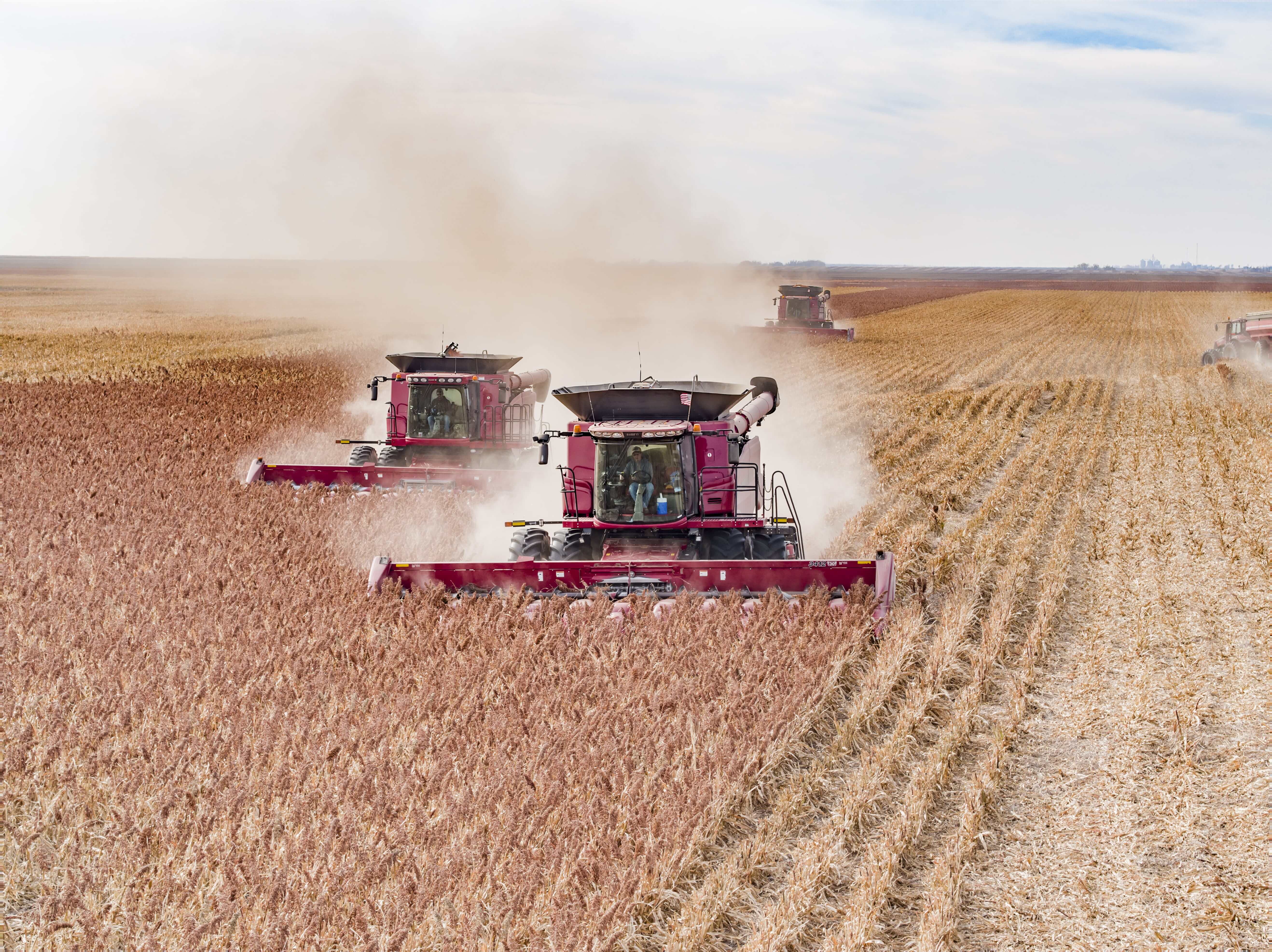 Two red combines using ARRO®.